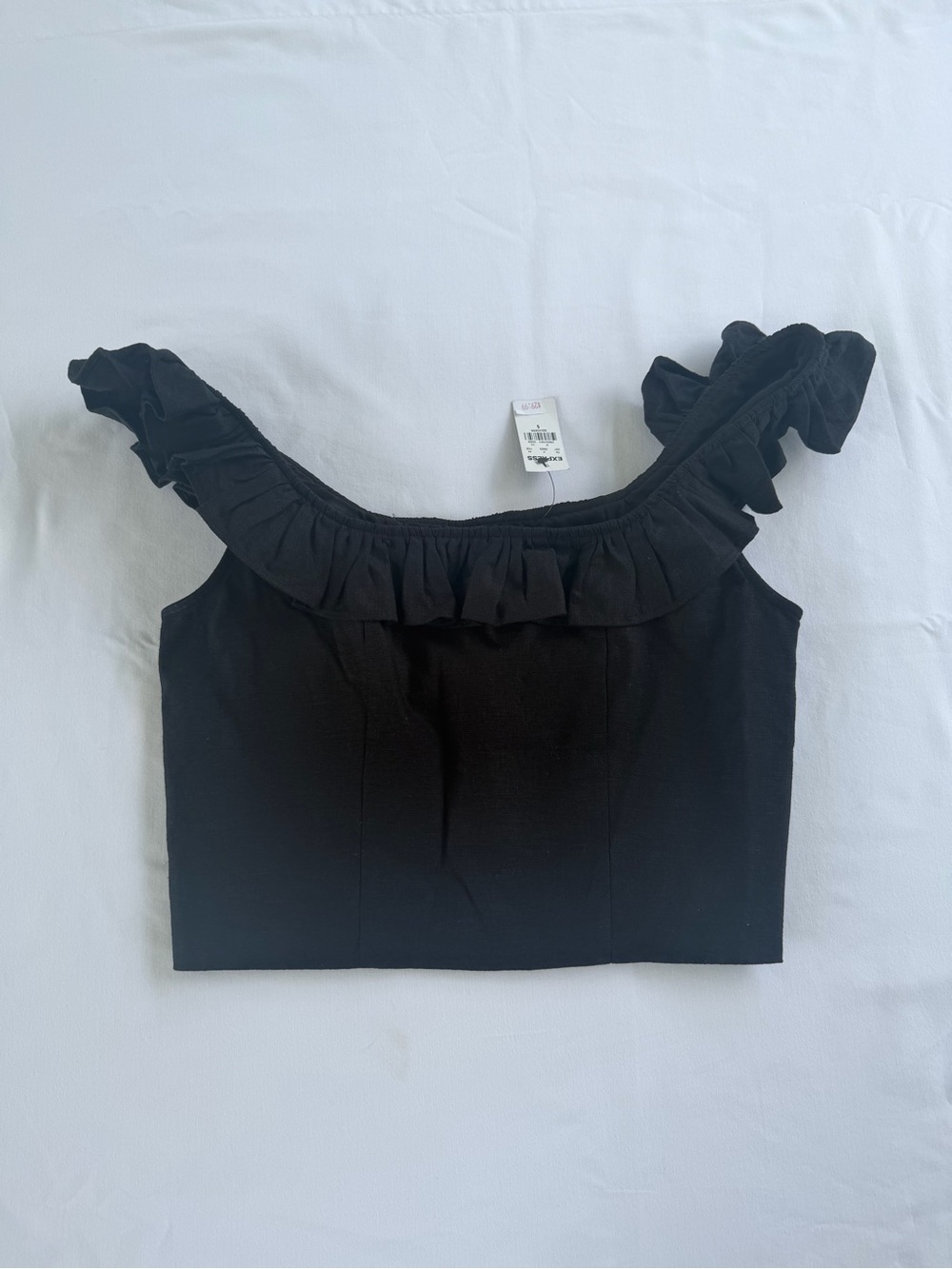 NWT Black Ruffled Square Neck Cropped Linen Women's Sz Small Summer Minimalist